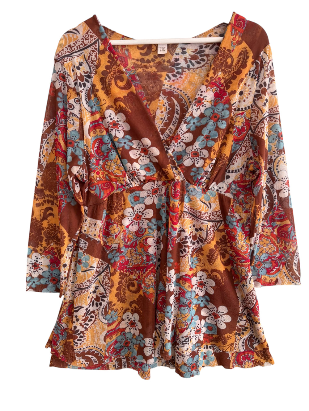 Y2K Sweet Pea Top 2X Whimsical Fairy Retro Boho Floral Print Mesh 3/4 Sleeve